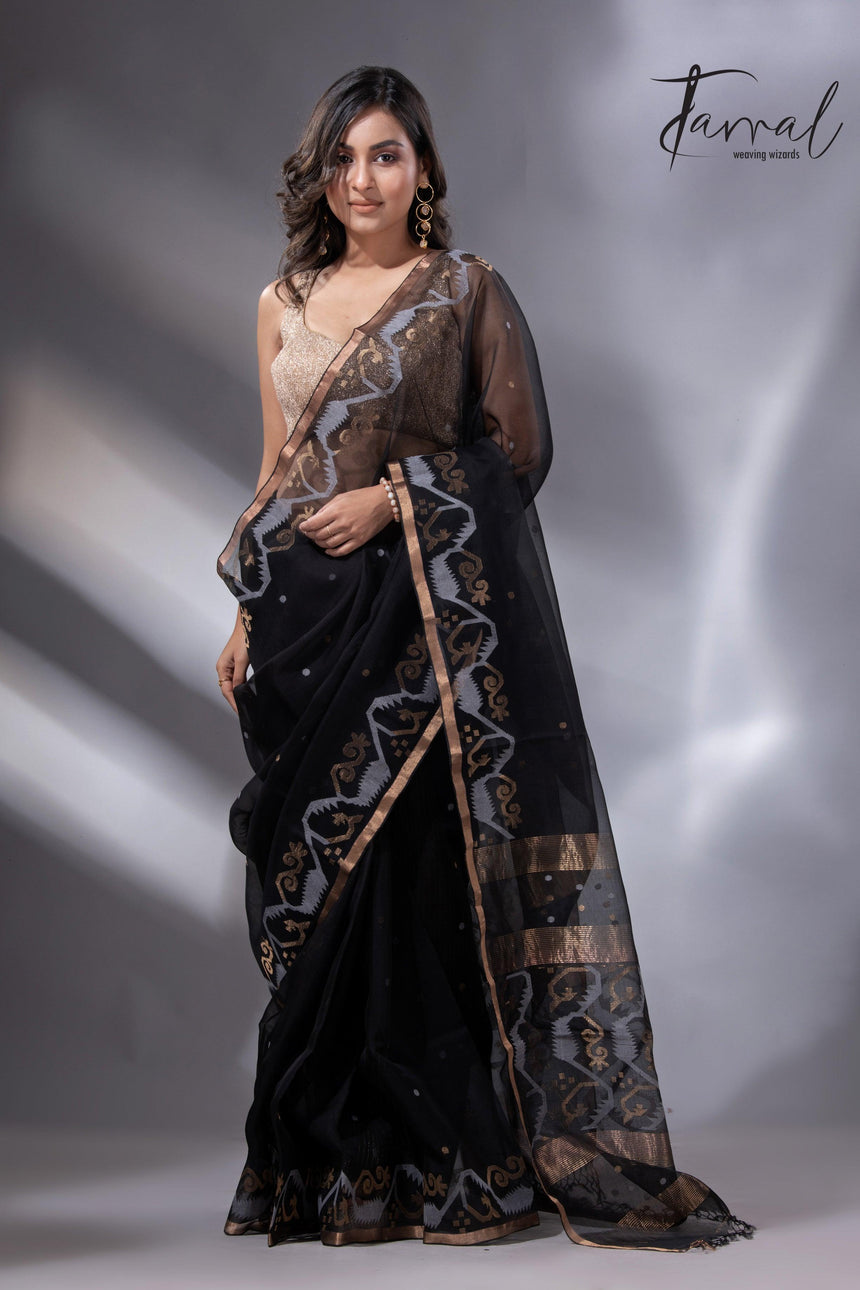 Black with zari border traditional handwoven muslin silk jamdani saree - Tamal Boutique