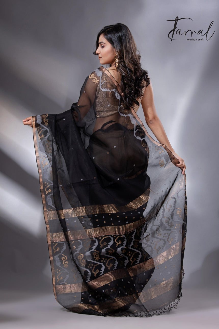 Black with zari border traditional handwoven muslin silk jamdani saree - Tamal Boutique