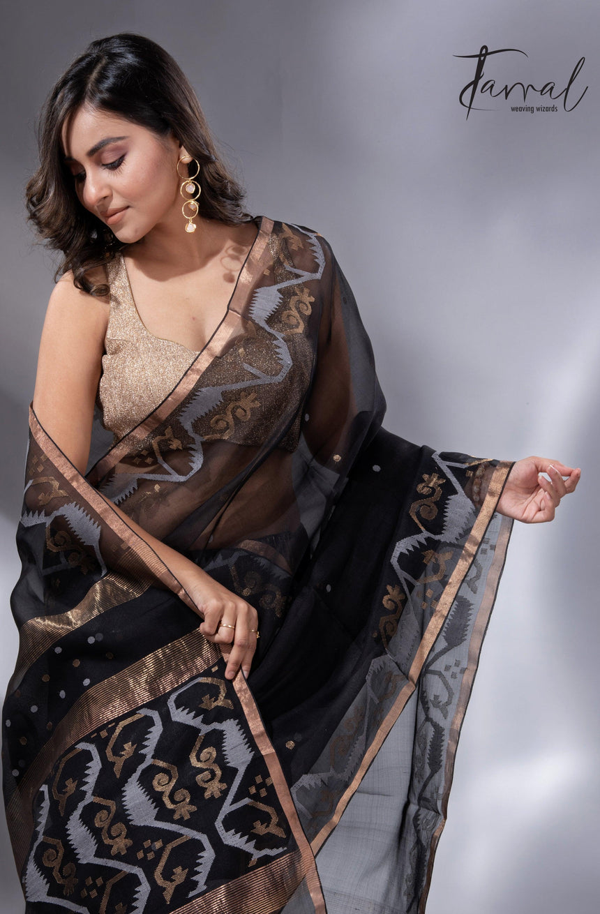 Black with zari border traditional handwoven muslin silk jamdani saree - Tamal Boutique