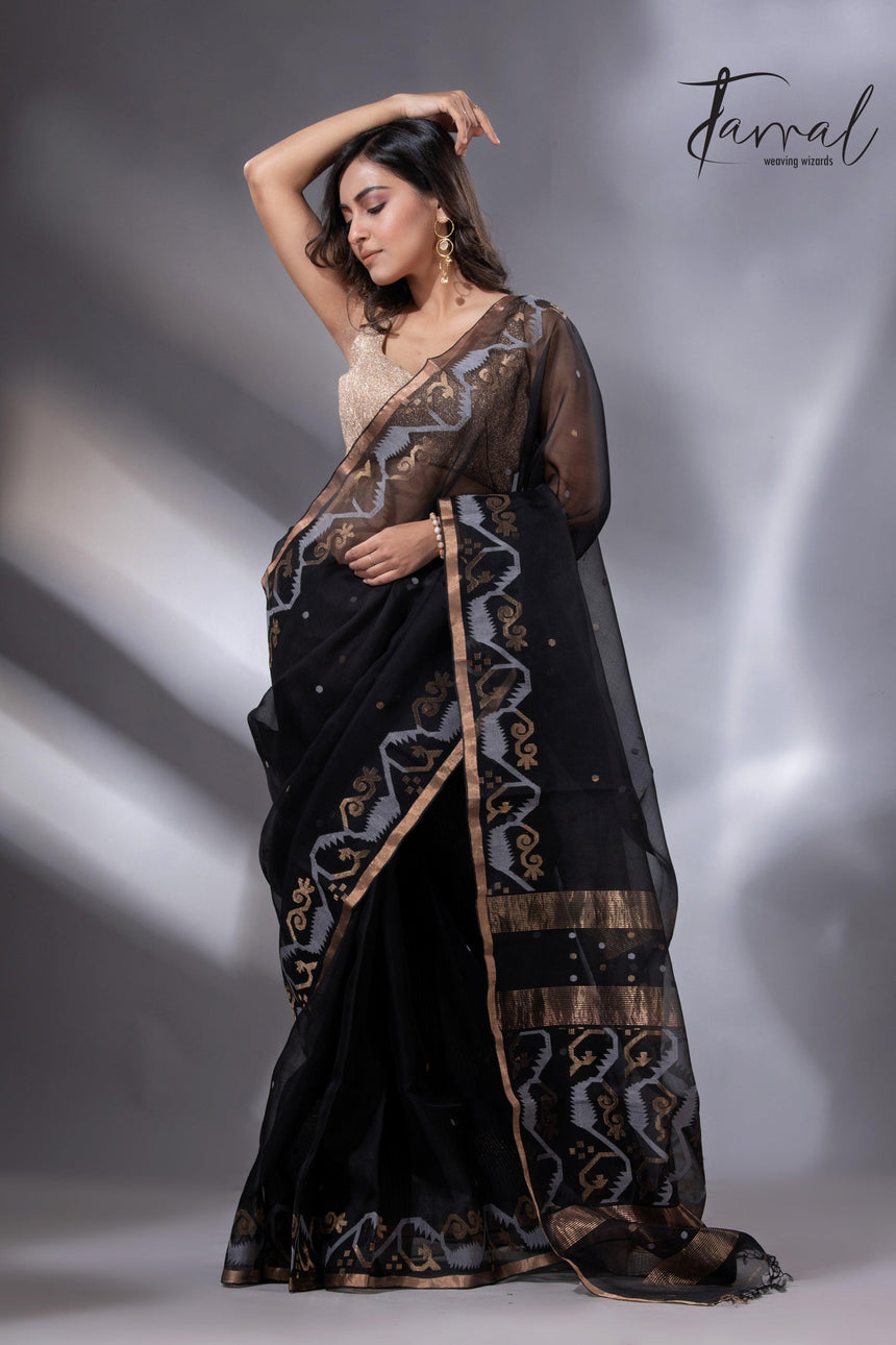 Black with zari border traditional handwoven muslin silk jamdani saree - Tamal Boutique