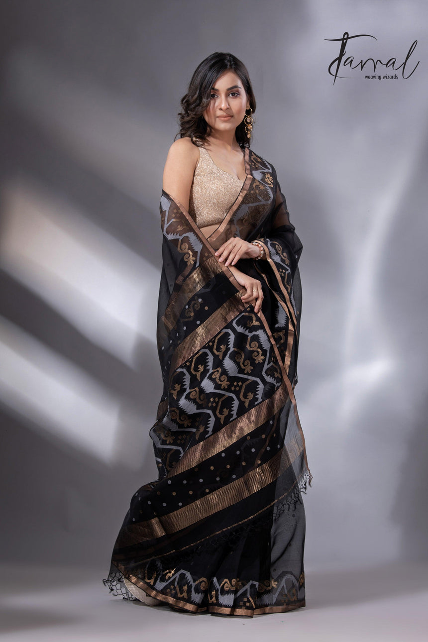 Black with zari border traditional handwoven muslin silk jamdani saree - Tamal Boutique