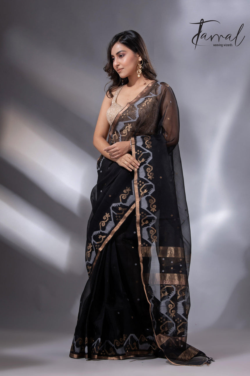 Black with zari border traditional handwoven muslin silk jamdani saree - Tamal Boutique