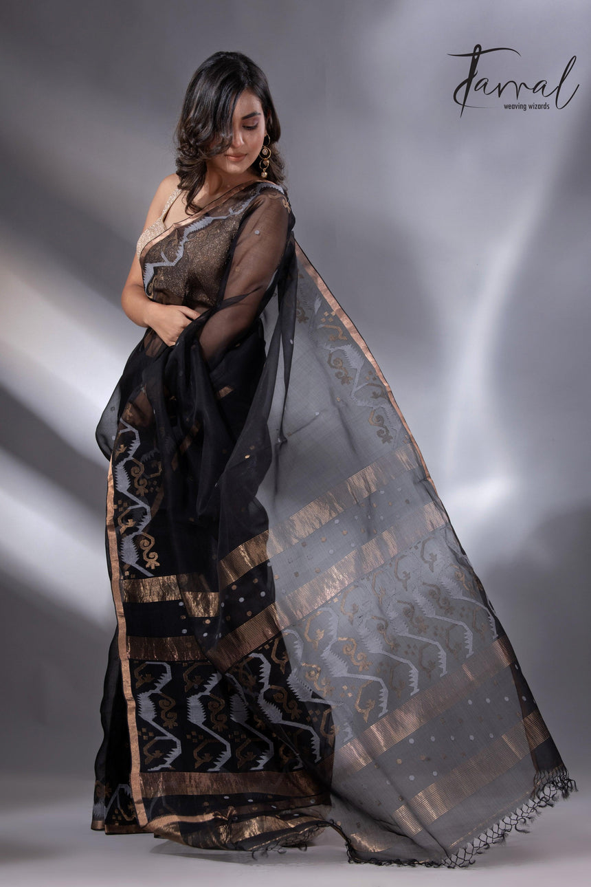 Black with zari border traditional handwoven muslin silk jamdani saree - Tamal Boutique