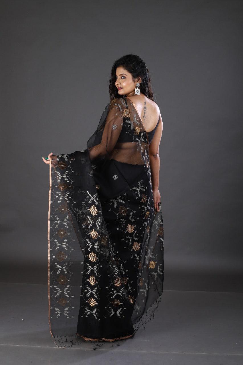 Black with zari border organza silk traditonal handwoven jamdani saree - Tamal Boutique