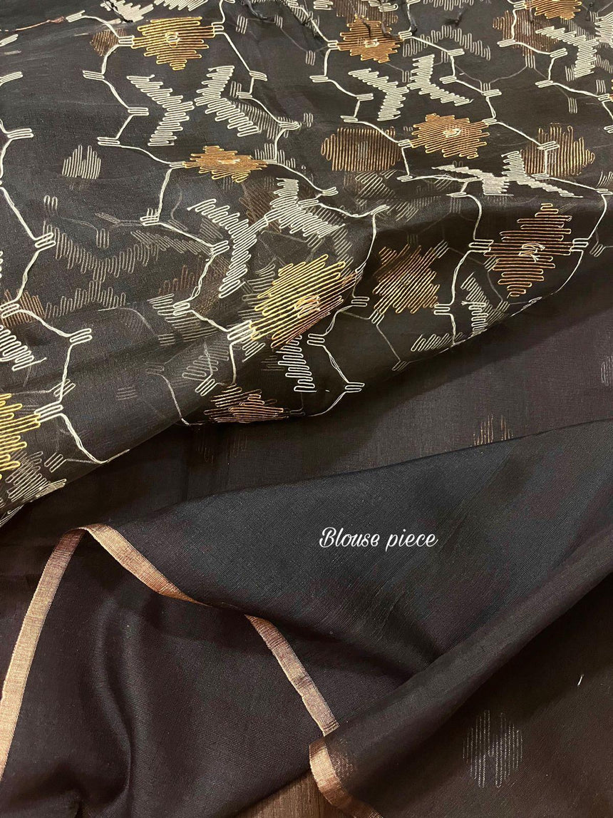Black with zari border organza silk traditonal handwoven jamdani saree - Tamal Boutique