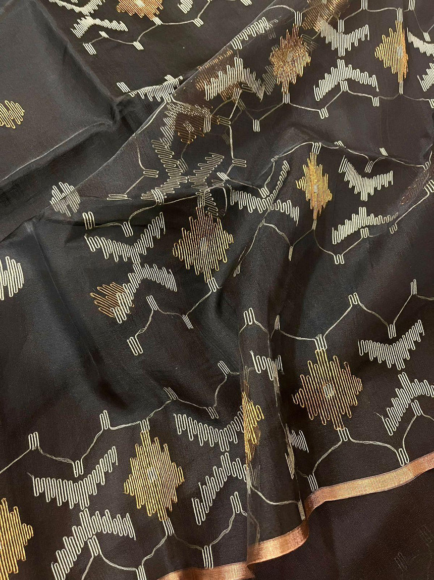 Black with zari border organza silk traditonal handwoven jamdani saree - Tamal Boutique