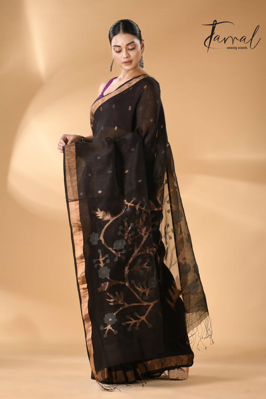 Black with zari border silk linen handwoven needle work Jamdani saree right2