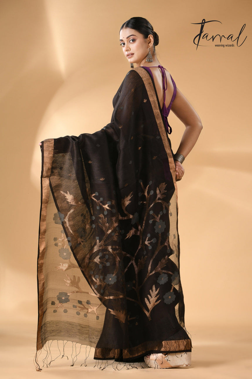 Black with zari border silk linen handwoven needle work Jamdani saree back