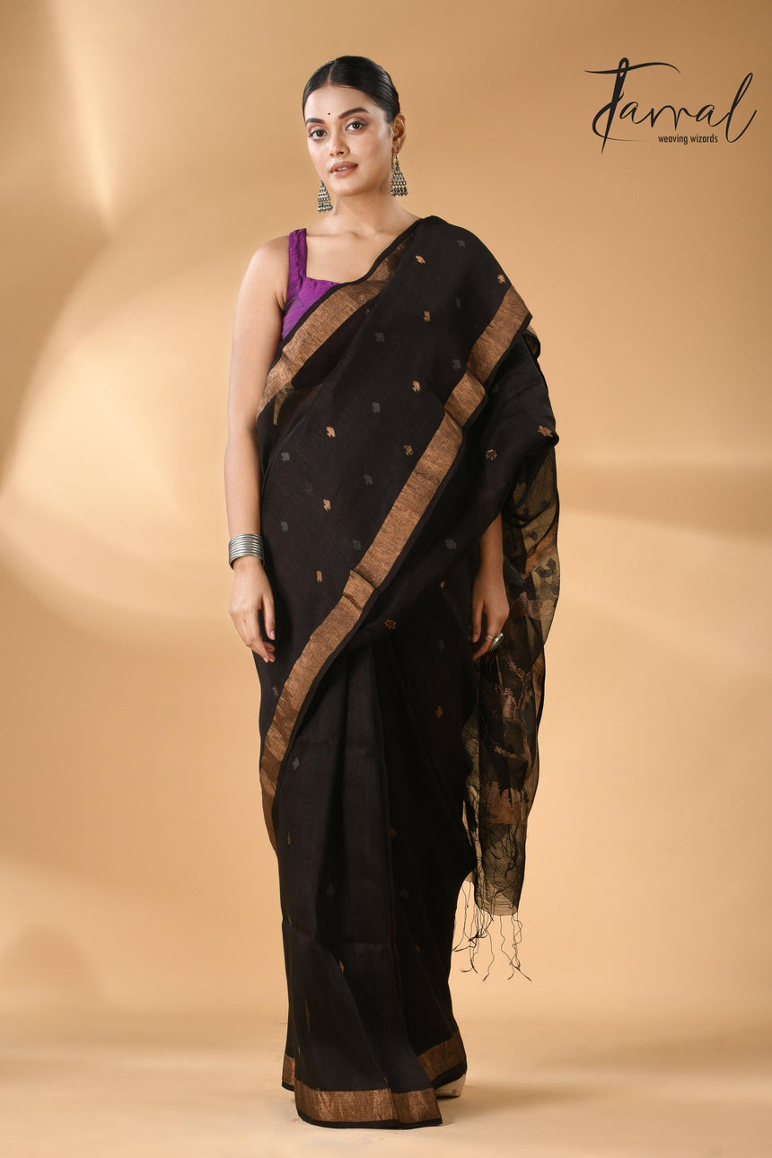 Black with zari border silk linen handwoven needle work Jamdani saree full3