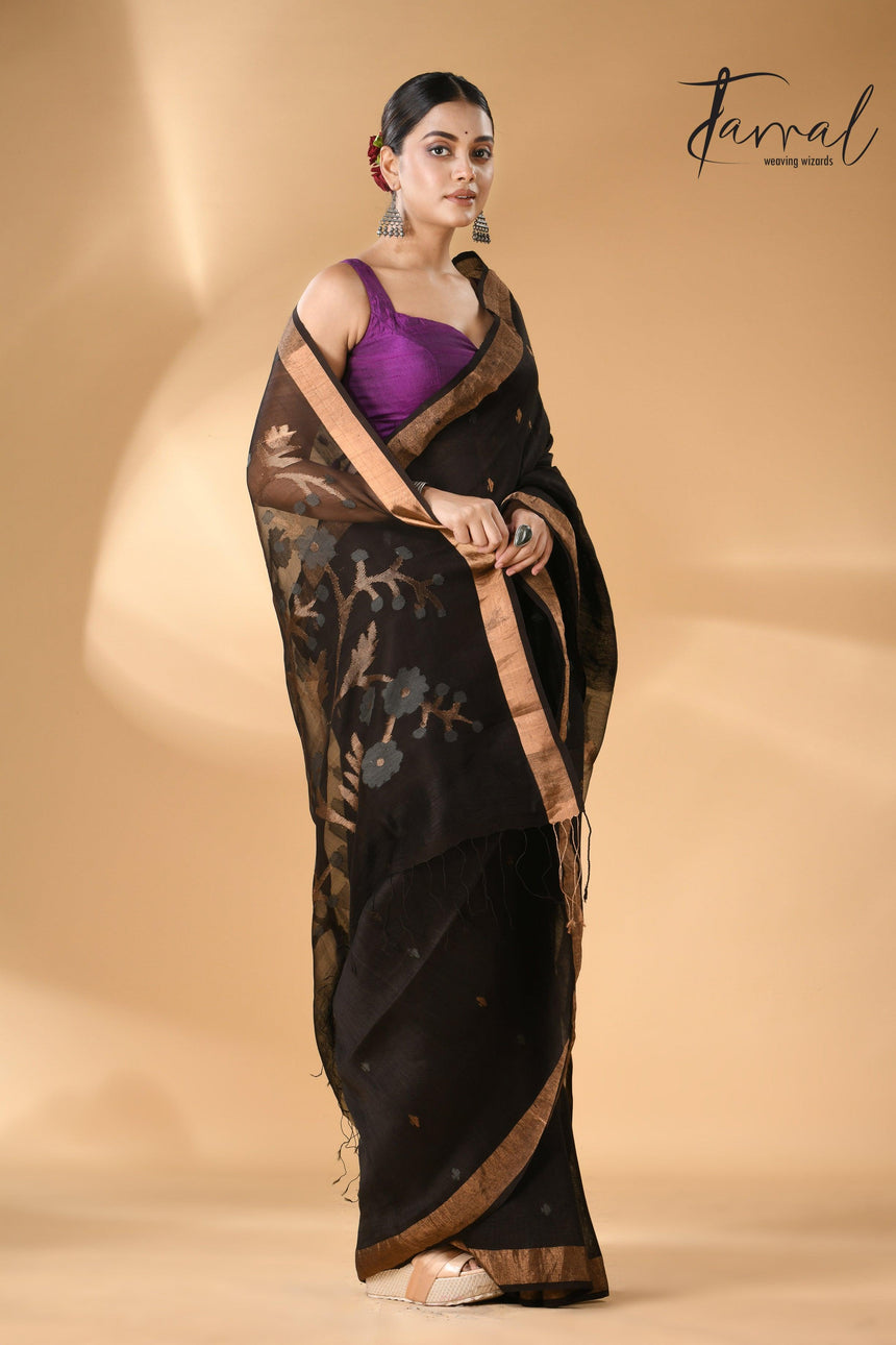 Black with zari border silk linen handwoven needle work Jamdani saree left