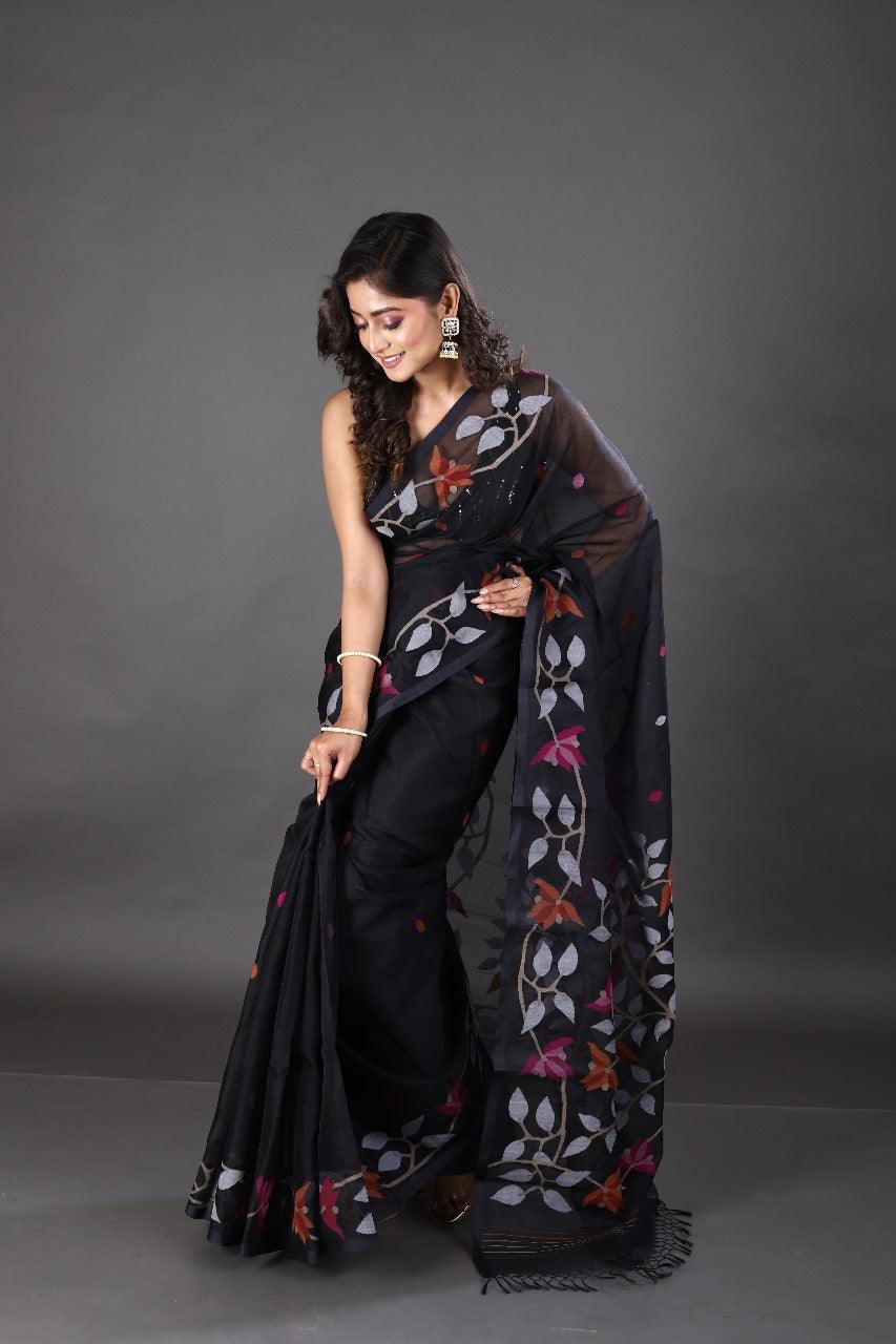 Black with orange & pink floral motifs handwoven muslin silk jamdani saree - Tamal Boutique