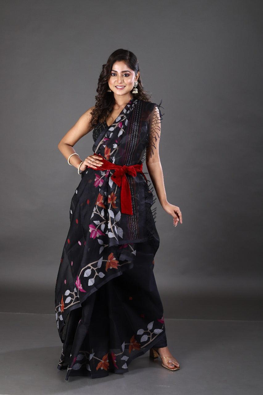 Black with orange & pink floral motifs handwoven muslin silk jamdani saree - Tamal Boutique