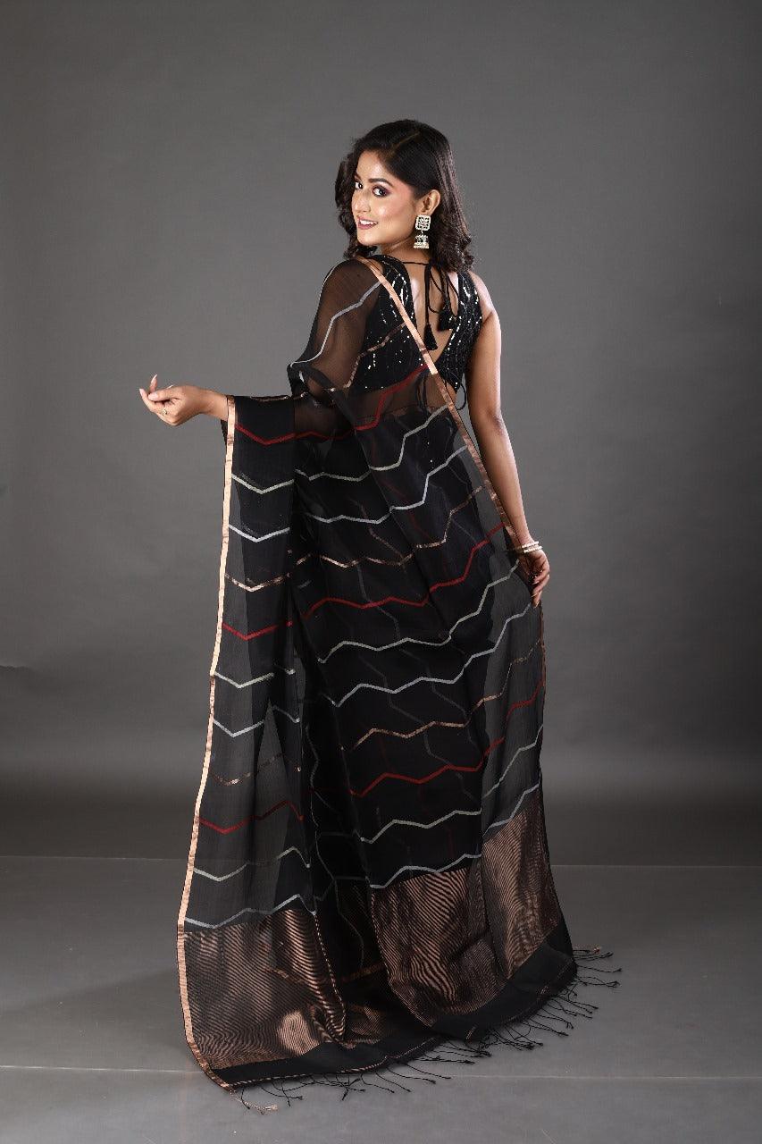 Black with golden zari border silk linen half & half handwoven jamdani saree - Tamal Boutique