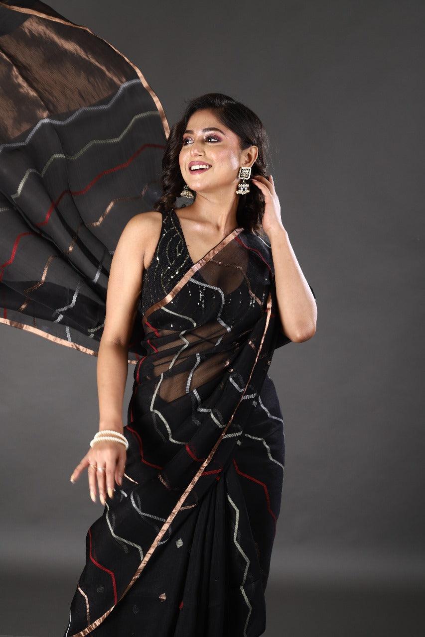 Black with golden zari border silk linen half & half handwoven jamdani saree - Tamal Boutique