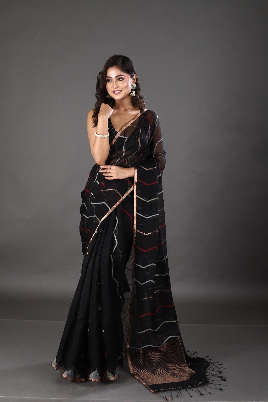Black with golden zari border silk linen half & half handwoven jamdani saree - Tamal Boutique