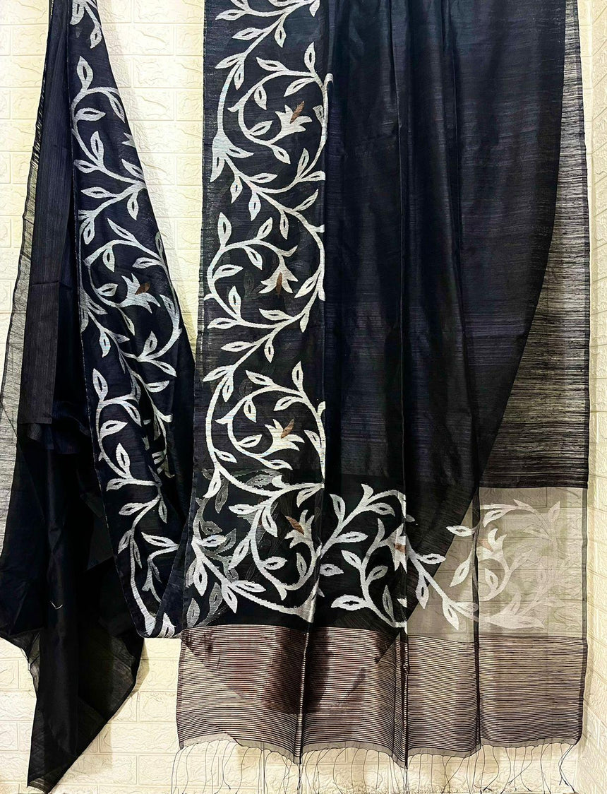 Black diamond matka silk handwoven jamdani saree - Tamal Boutique