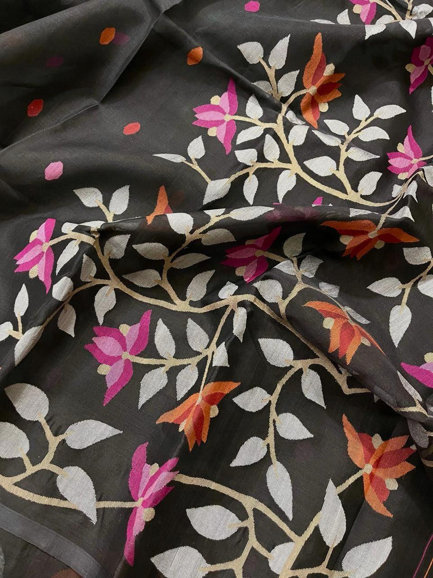 Black with orange & pink floral motifs handwoven muslin silk jamdani saree - Tamal Boutique