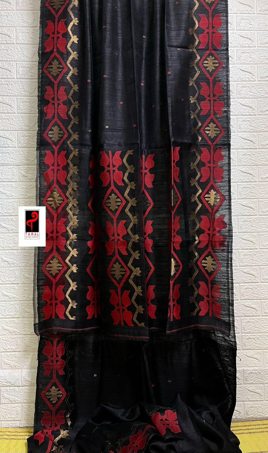 BLACK WITH RED & GOLDEN ZARI MATKA SILK TRADITIONAL HANDWOVEN JAMDANI SAREE - Tamal Boutique