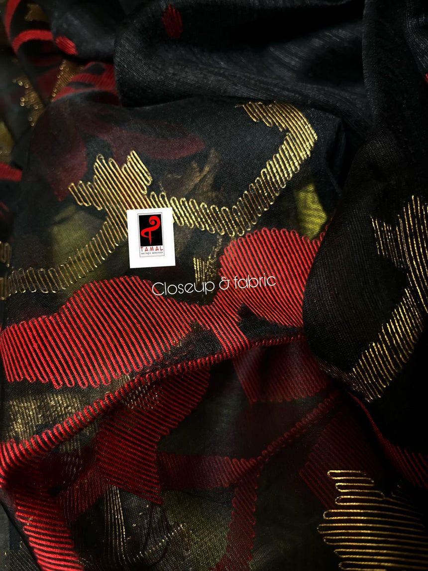 BLACK WITH RED & GOLDEN ZARI MATKA SILK TRADITIONAL HANDWOVEN JAMDANI SAREE - Tamal Boutique