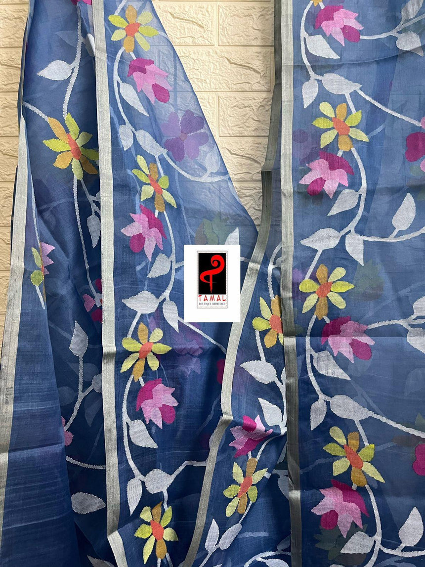 Blue With Multicolour Allover Floral Handwoven Jamdani Saree In Muslin Silk - Tamal Boutique