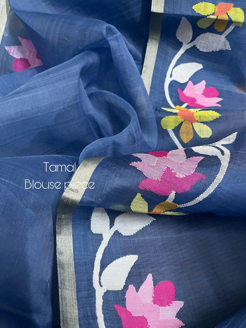 Blue With Multicolour Allover Floral Handwoven Jamdani Saree In Muslin Silk - Tamal Boutique