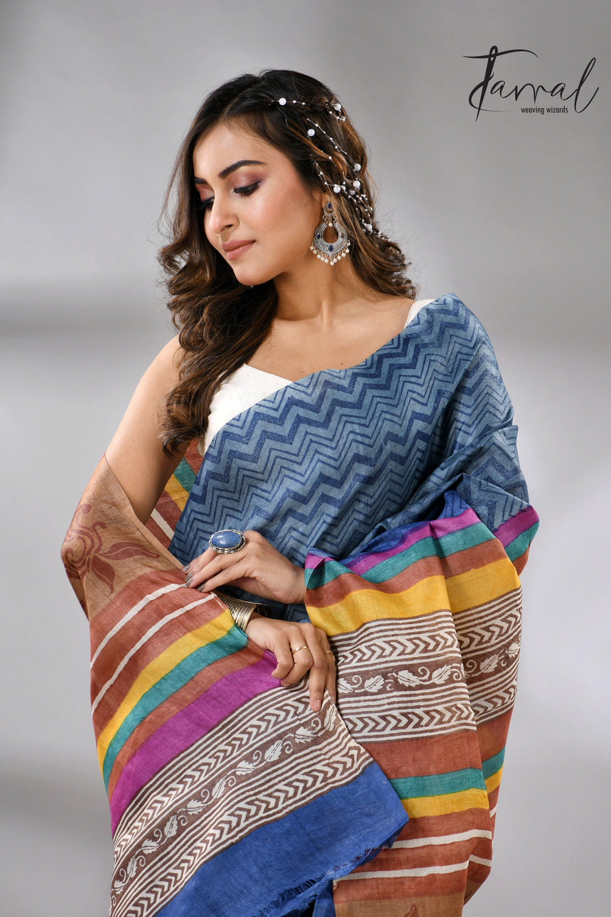 Blue Berries Tussar Silk Hand Block Printed Saree cls