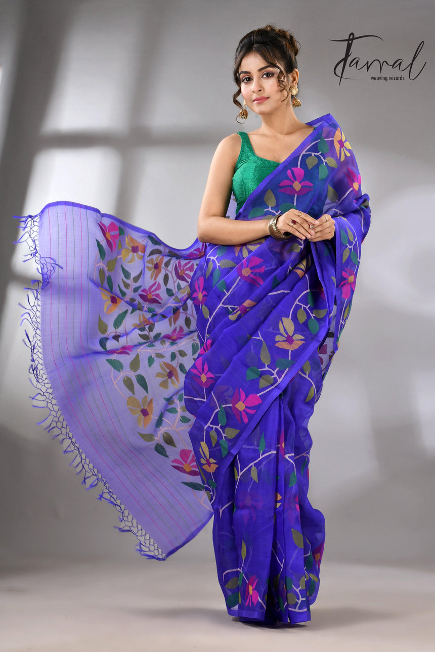 Blue Muslin Silk Handwoven Jamdani Saree in floral border