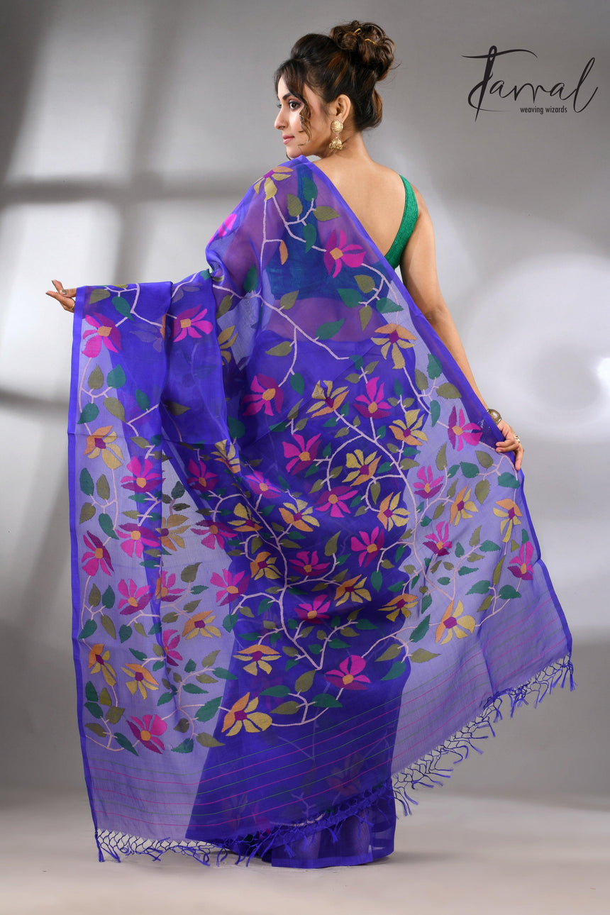 Blue Muslin Silk Handwoven Jamdani Saree in floral border back