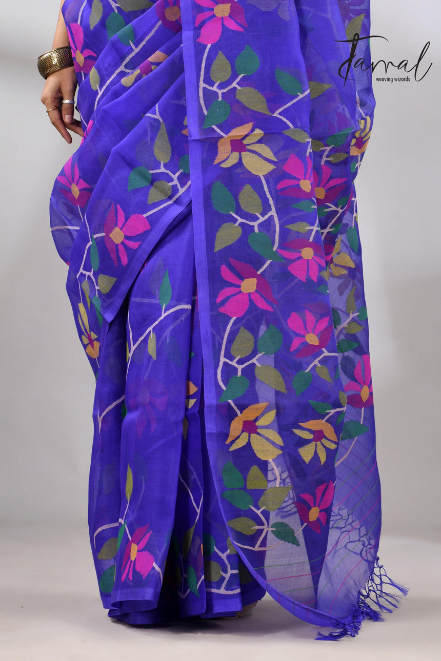 Blue Muslin Silk Handwoven Jamdani Saree in floral border bottom