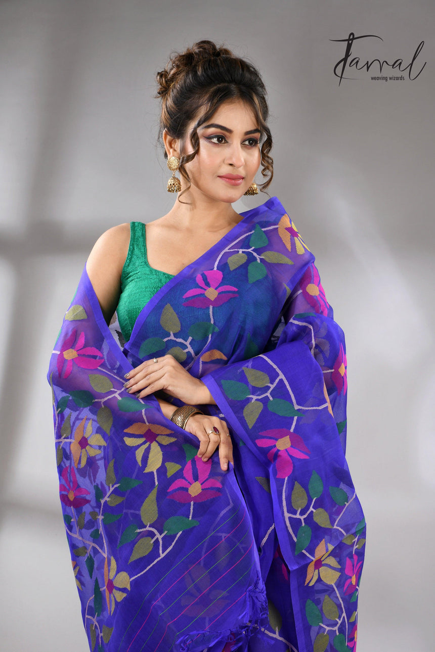 Blue Muslin Silk Handwoven Jamdani Saree in floral border cls