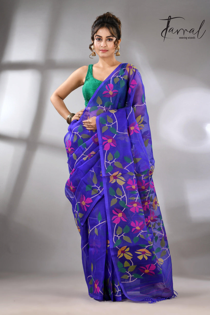 Blue Muslin Silk Handwoven Jamdani Saree in floral border full1