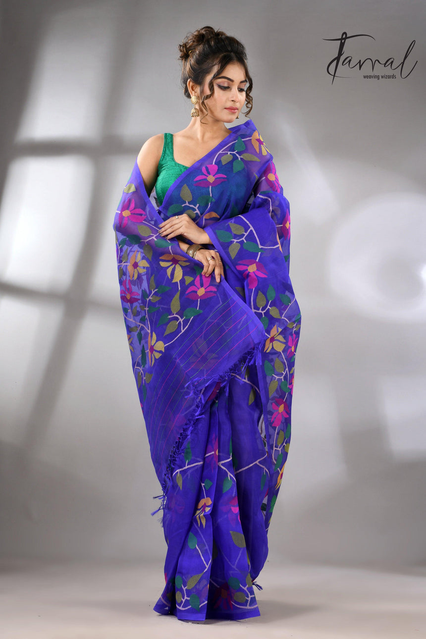 Blue Muslin Silk Handwoven Jamdani Saree in floral border full2