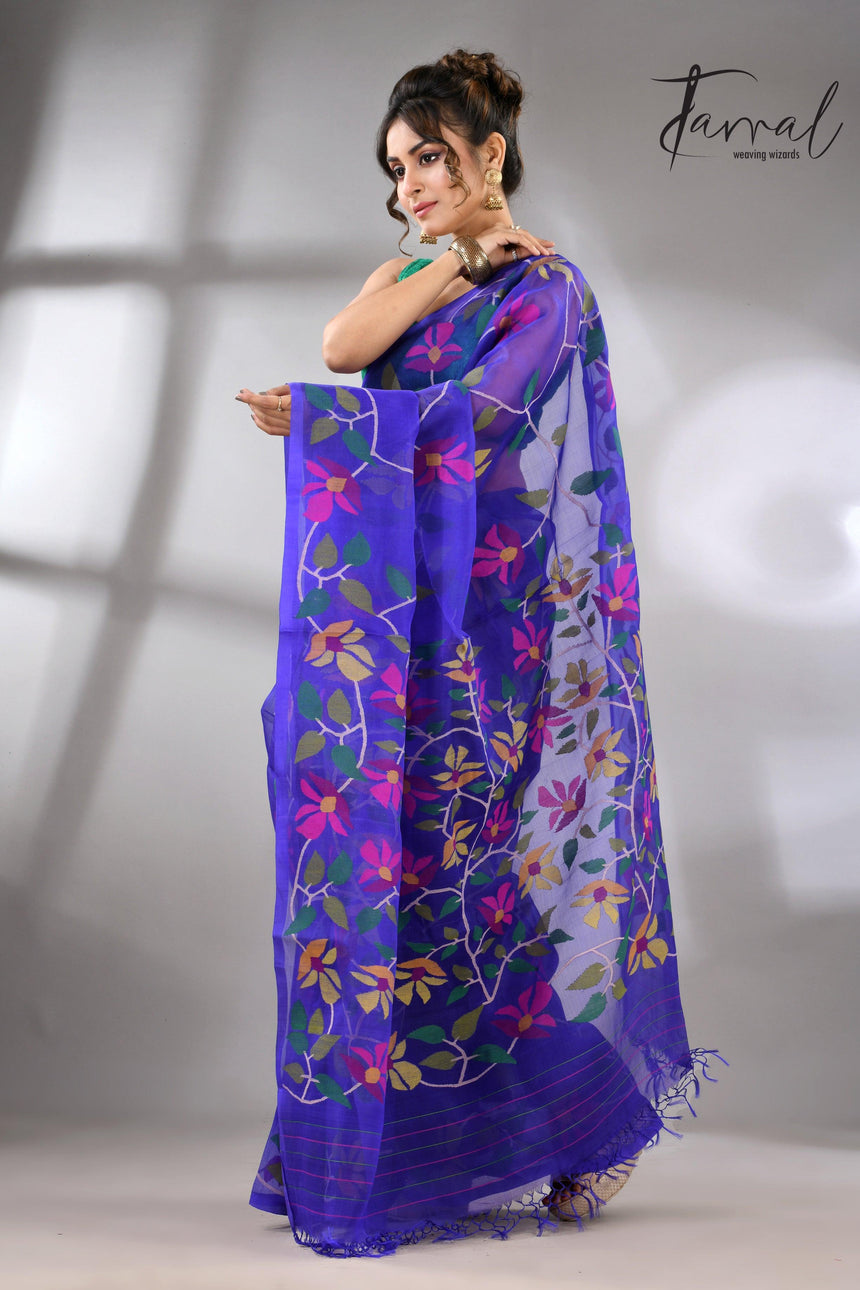 Blue Muslin Silk Handwoven Jamdani Saree in floral border left
