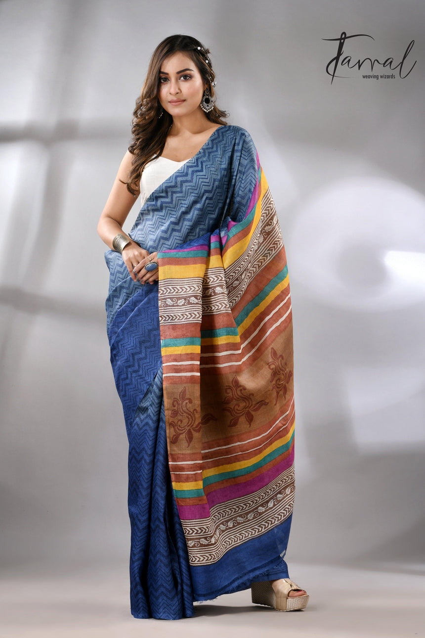 Blue Berries Tussar Silk Hand Block Printed Saree full1