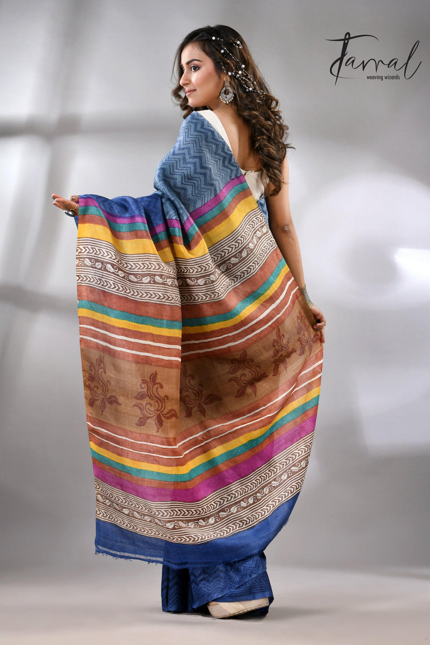 Blue Berries Tussar Silk Hand Block Printed Saree back