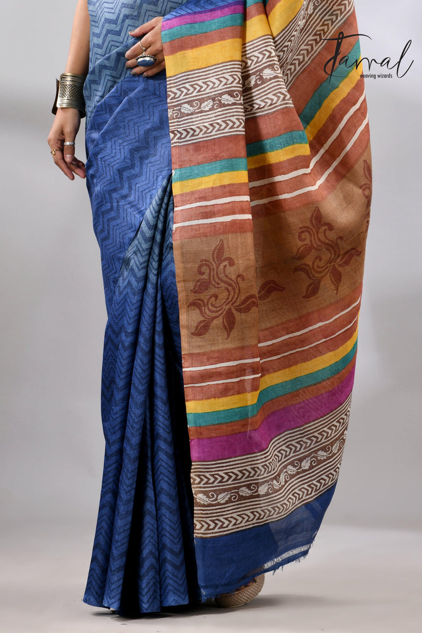 Blue Berries Tussar Silk Hand Block Printed Saree bottom