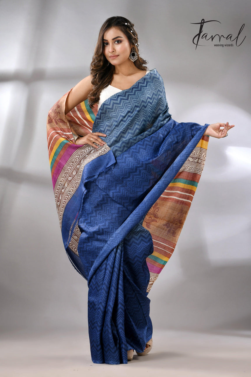 Blue Berries Tussar Silk Hand Block Printed Saree full3