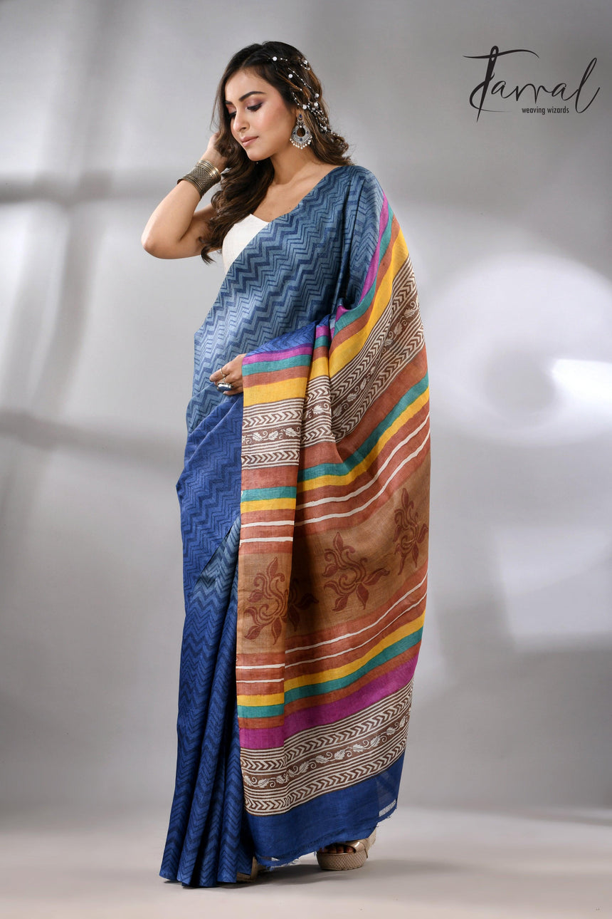 Blue Berries Tussar Silk Hand Block Printed Saree full2