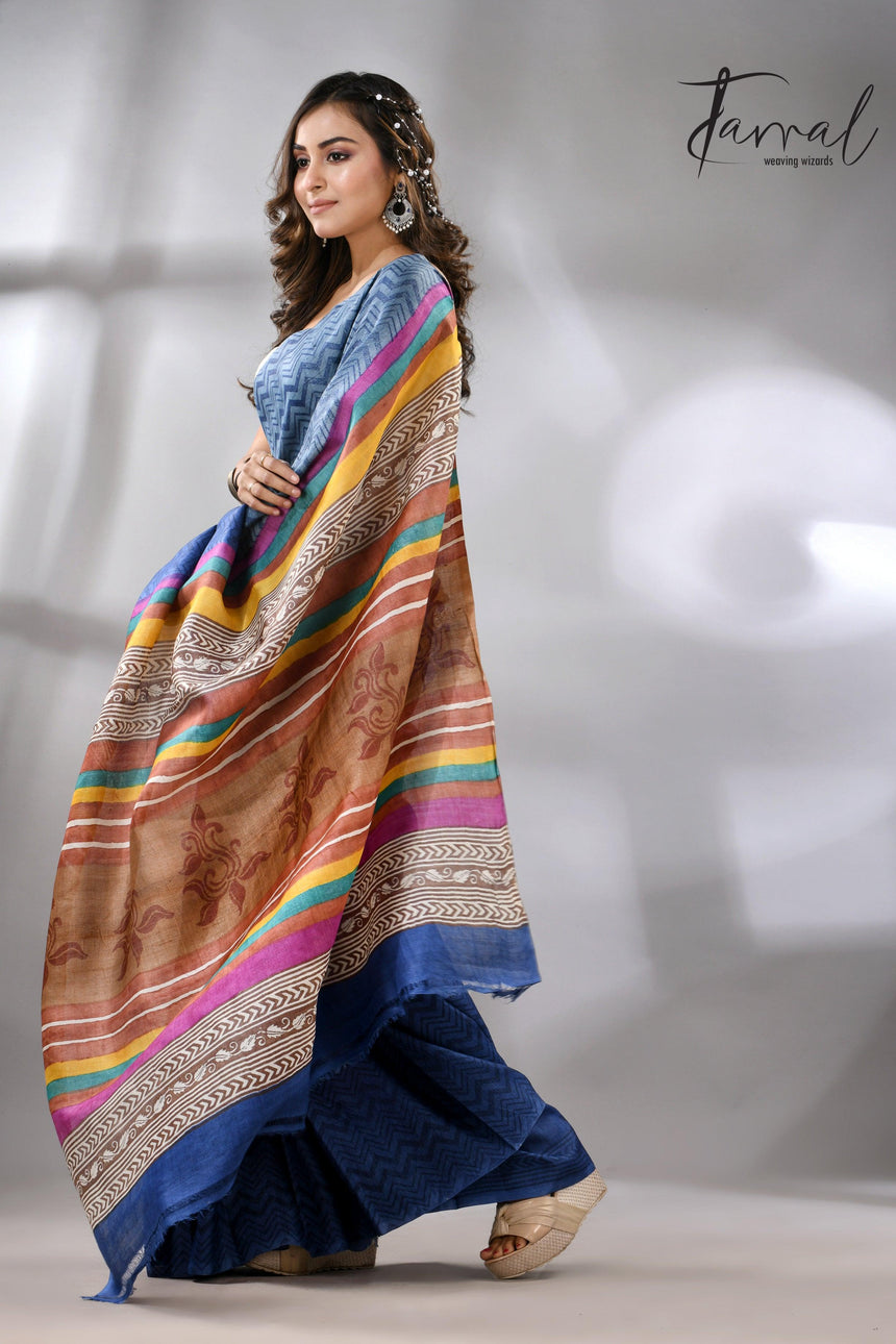 Blue Berries Tussar Silk Hand Block Printed Saree full5