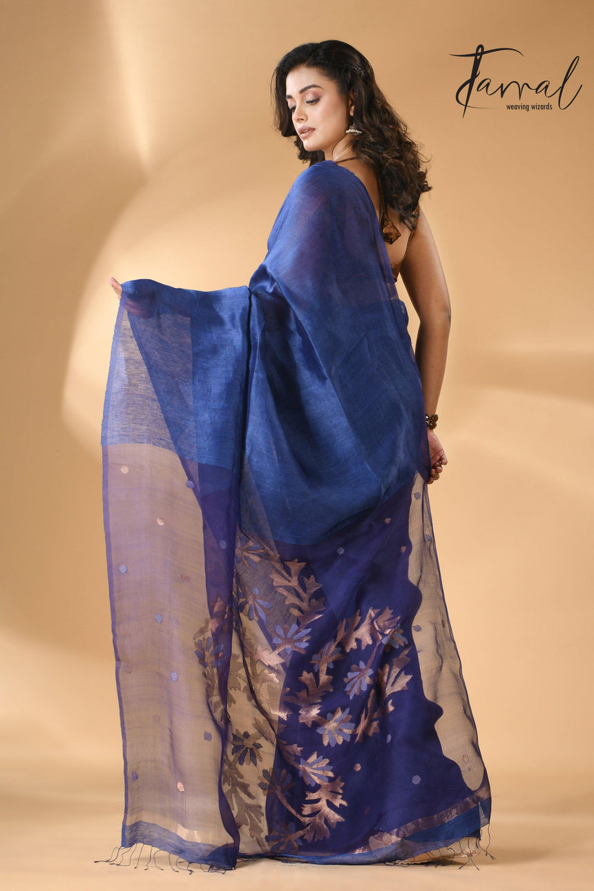 Blue self silk linen handwoven jamdani saree - Tamal Boutique