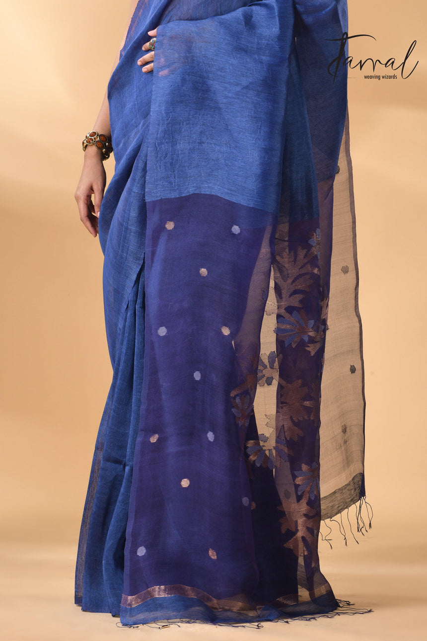 Blue self silk linen handwoven jamdani saree - Tamal Boutique