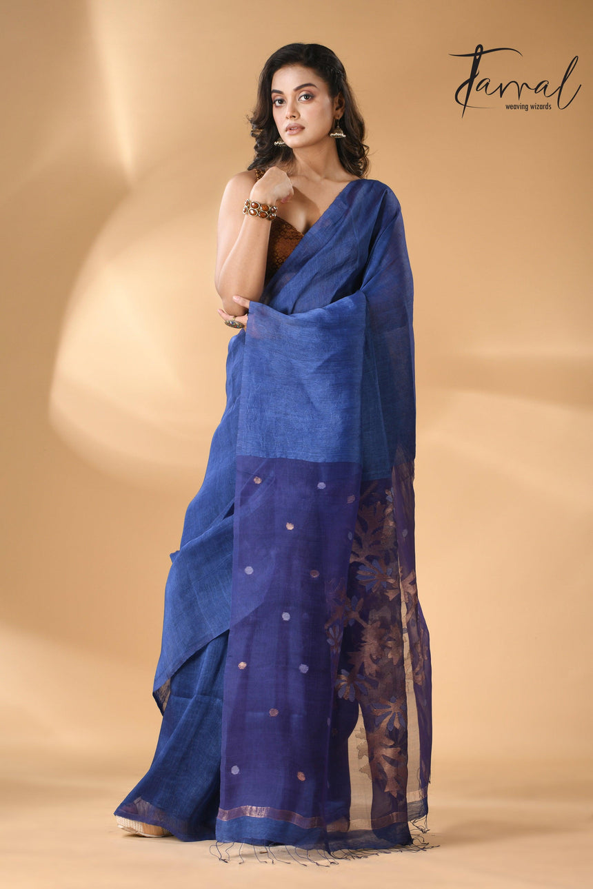 Blue self silk linen handwoven jamdani saree - Tamal Boutique