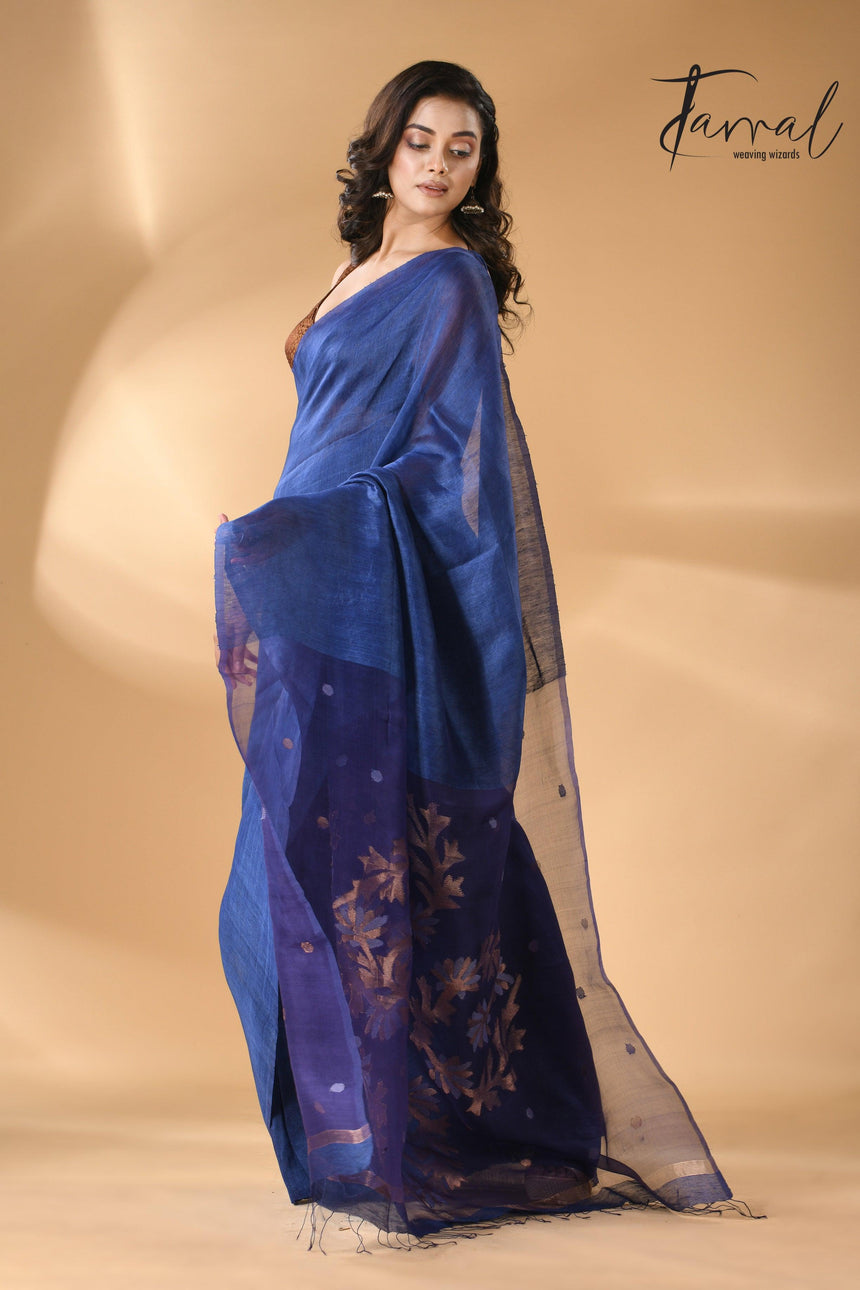 Blue self silk linen handwoven jamdani saree - Tamal Boutique