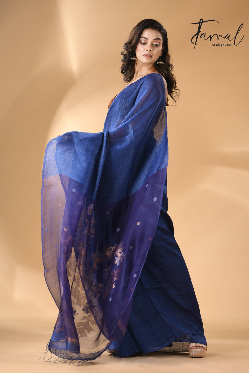 Blue self silk linen handwoven jamdani saree - Tamal Boutique
