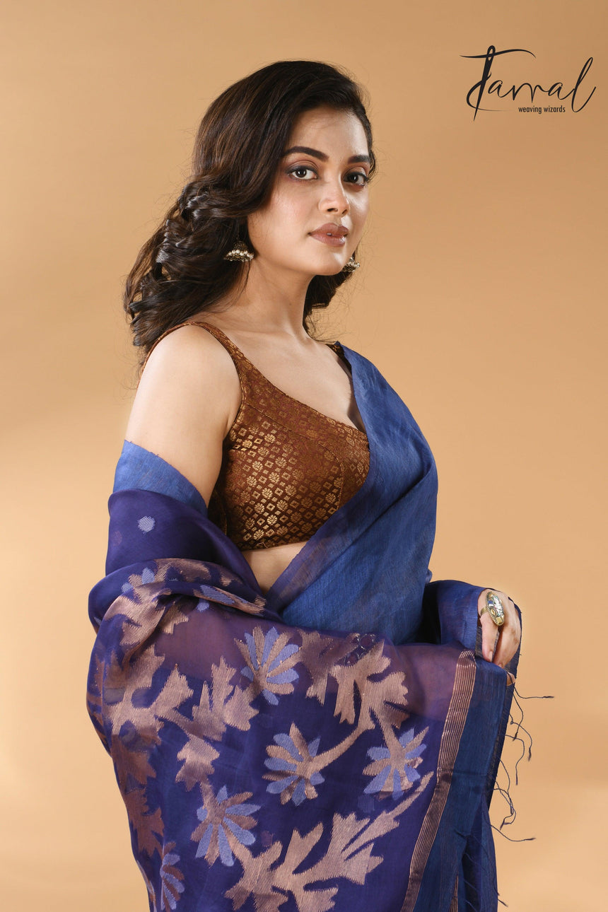 Blue self silk linen handwoven jamdani saree - Tamal Boutique