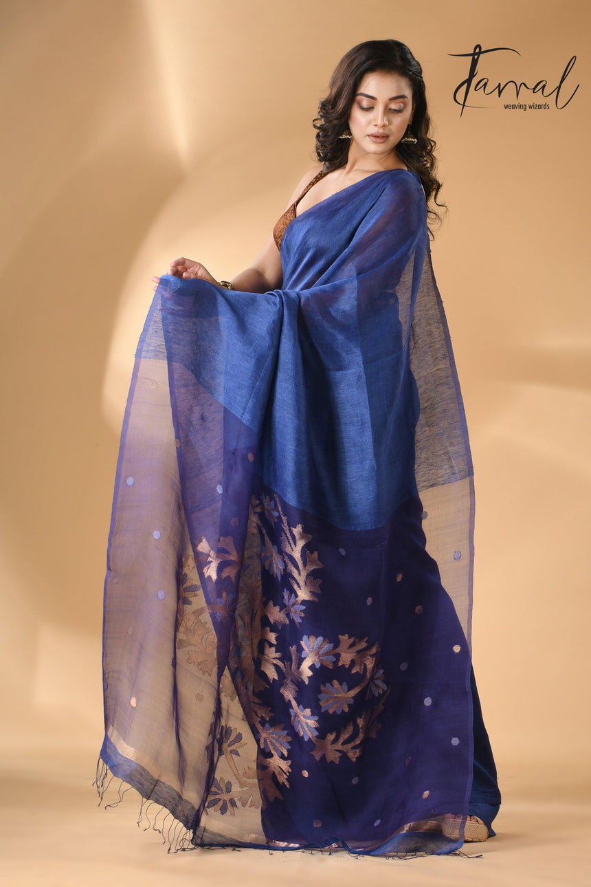 Blue self silk linen handwoven jamdani saree - Tamal Boutique