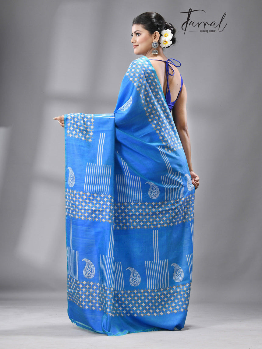 Blue Euphoria katan silk hand block printed saree - Tamal Boutique