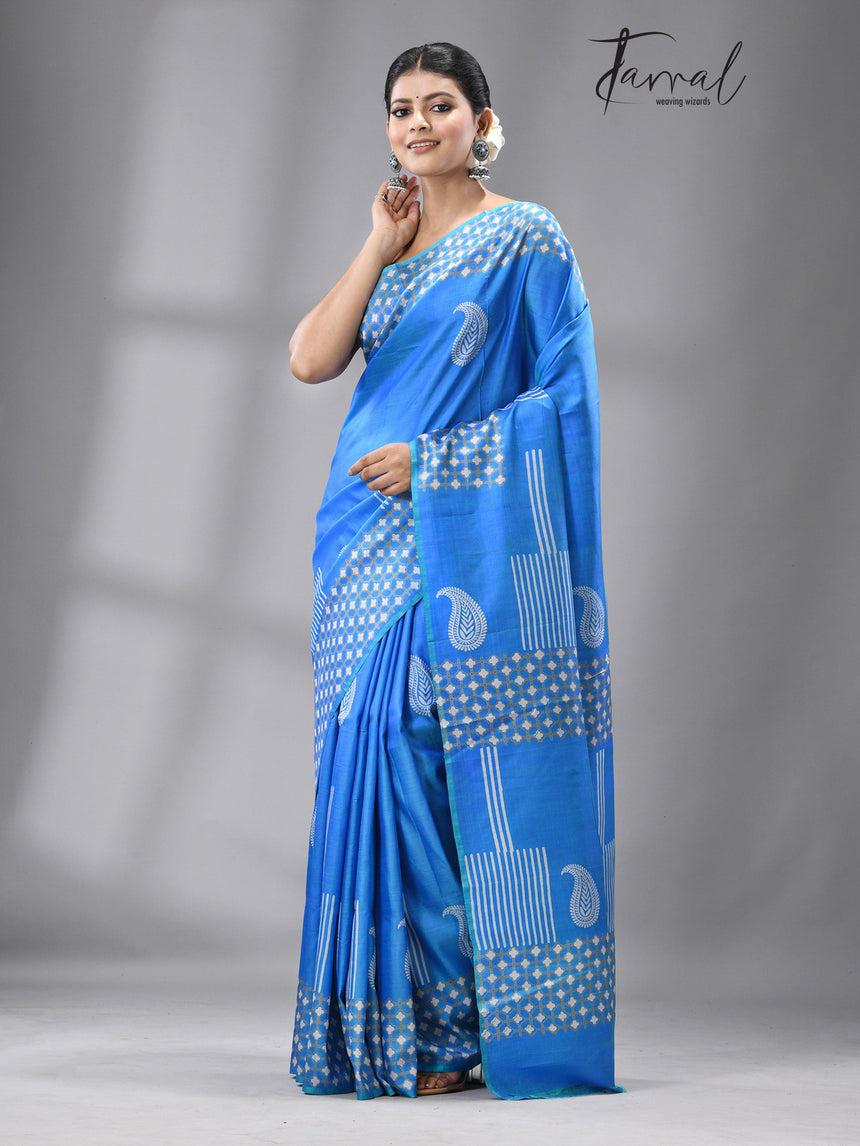 Blue Euphoria katan silk hand block printed saree - Tamal Boutique