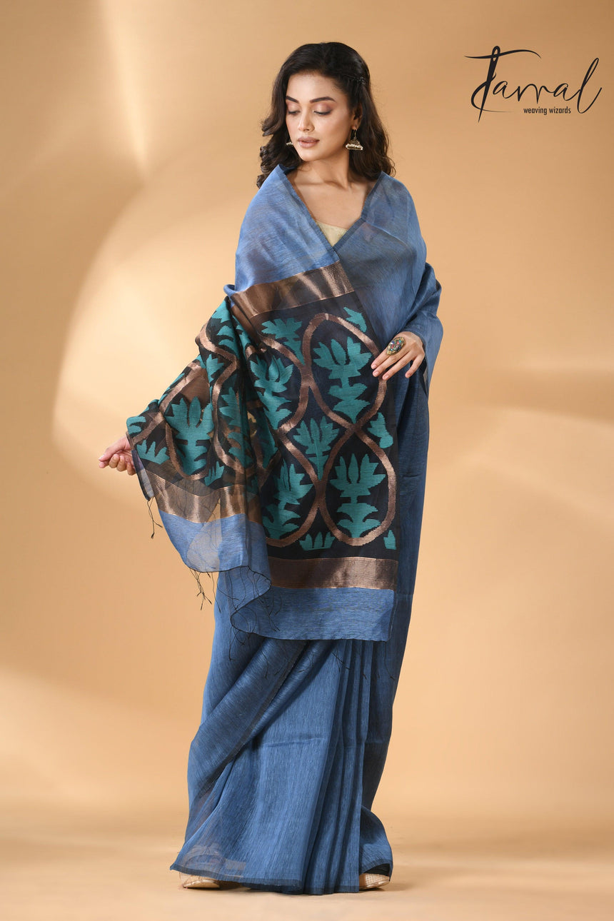 Blue lotus pallu silk linen handwoven jamdani saree left2