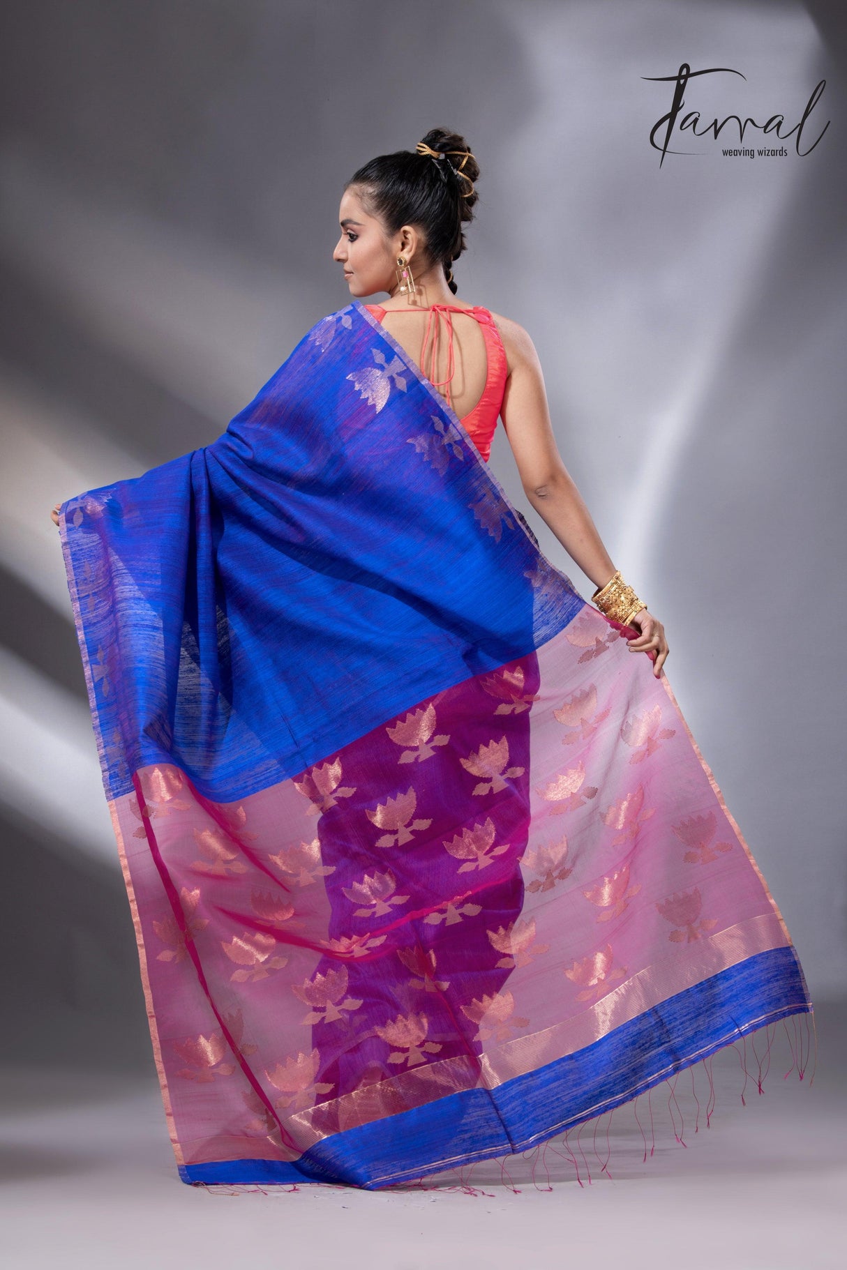Blue with rani pallu golden lotus matka silk handwoven jamdani saree - Tamal Boutique